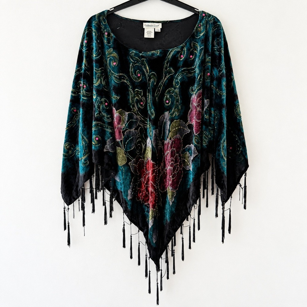 Floral Velvet Poncho Beaded Tassel Fringe Fairy Grunge Whimsygoth Festival